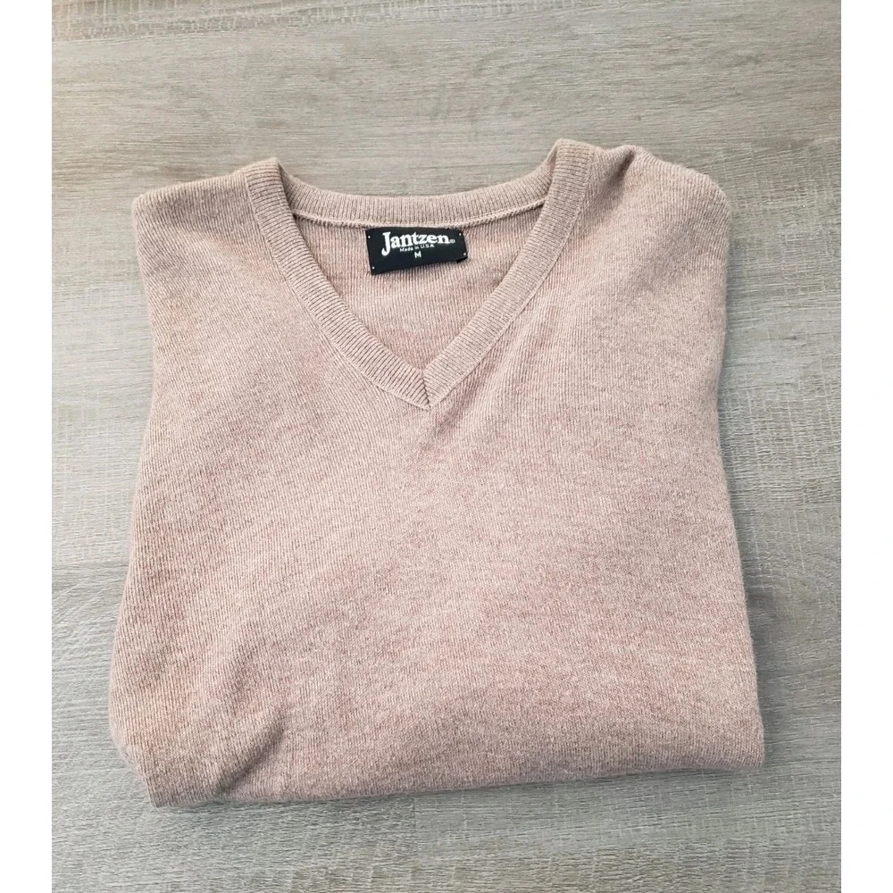 Vintage Jantzen Sweater Mens Medium 80s 90 Retro USA Acrylic V‎ Neck Camel Beige